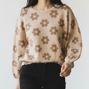 Fantastic Fawn Dressed in LALA Groovy Floral Sweater Beige Balloon Sleeve Small